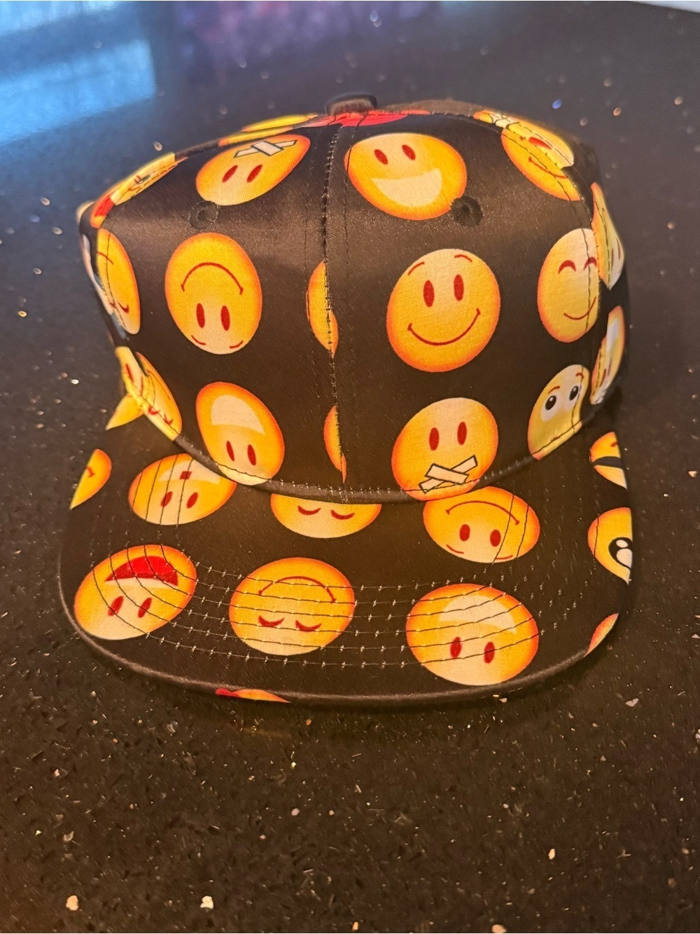 Kids Black Emoji Print Snapback Hat
